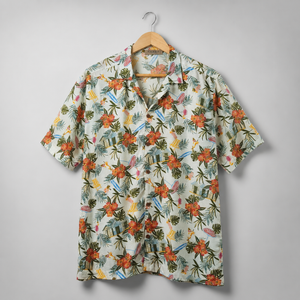 Men’s Tropical Floral Camp Collar Short Sleeve Shirt – Off White Print