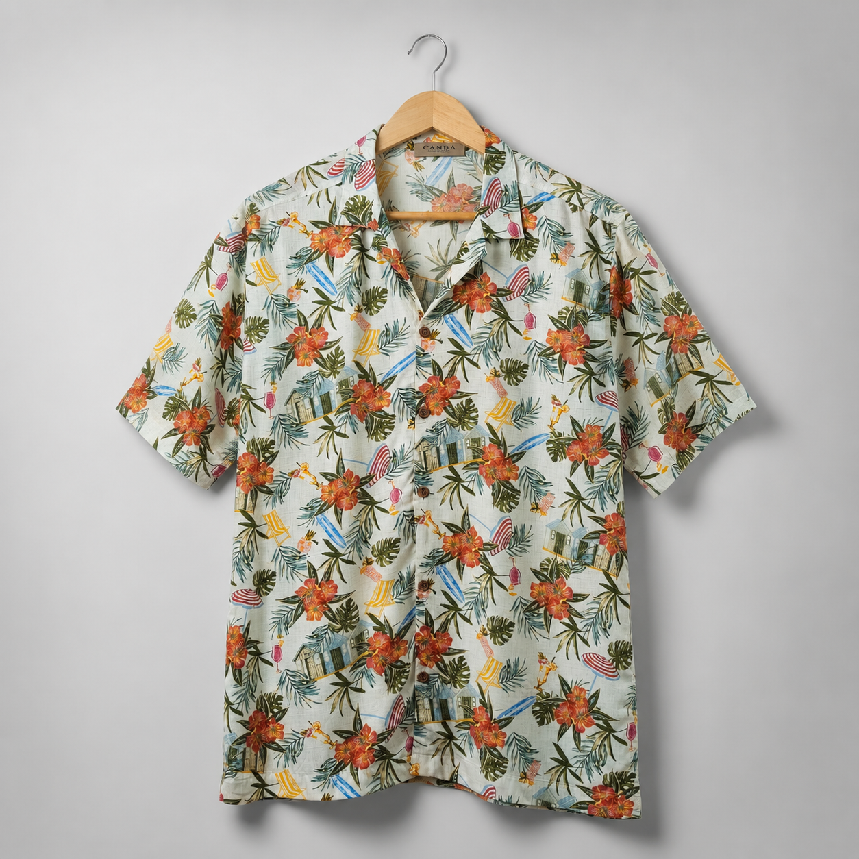Men’s Tropical Floral Camp Collar Short Sleeve Shirt – Off White Print