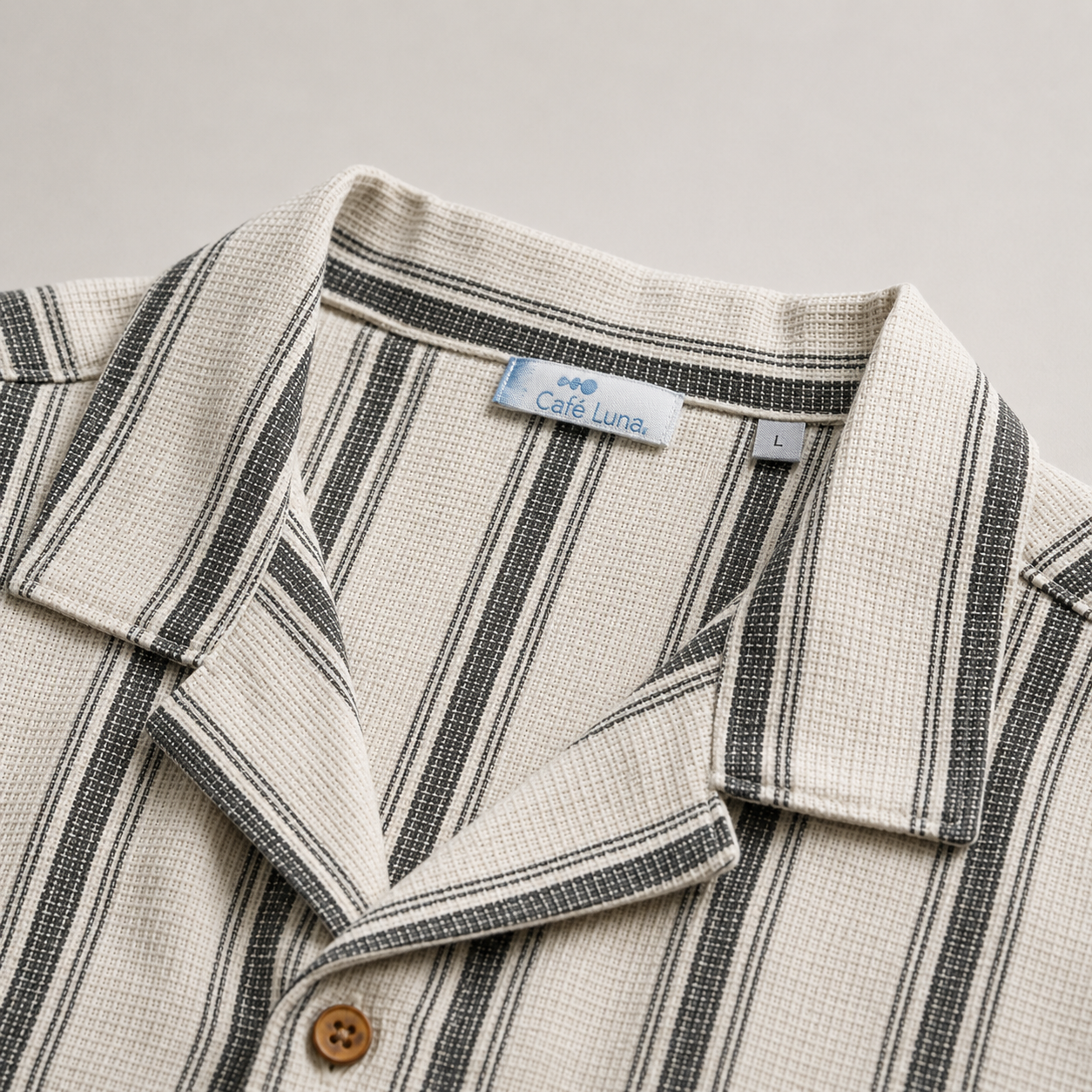 Men’s Cream and Black Striped Short Sleeve Button-Up Shirt