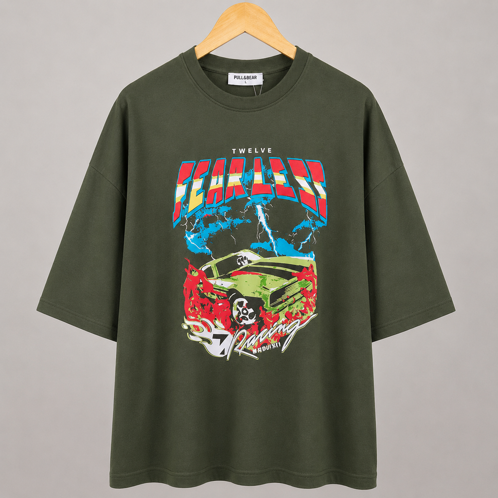 Men’s Oversized Racing Graphic Drop Shoulder Tee – Olive Green