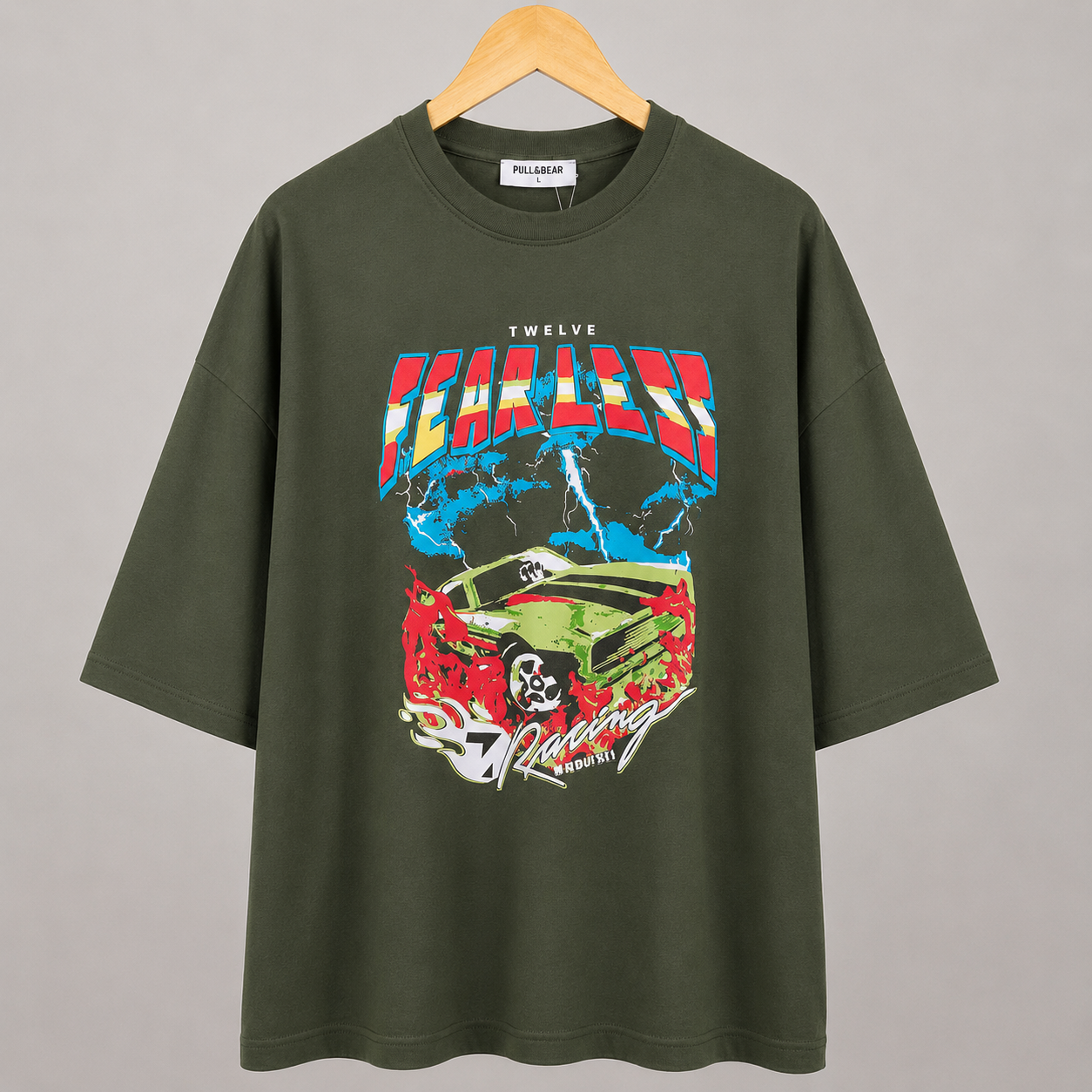Men’s Oversized Racing Graphic Drop Shoulder Tee – Olive Green