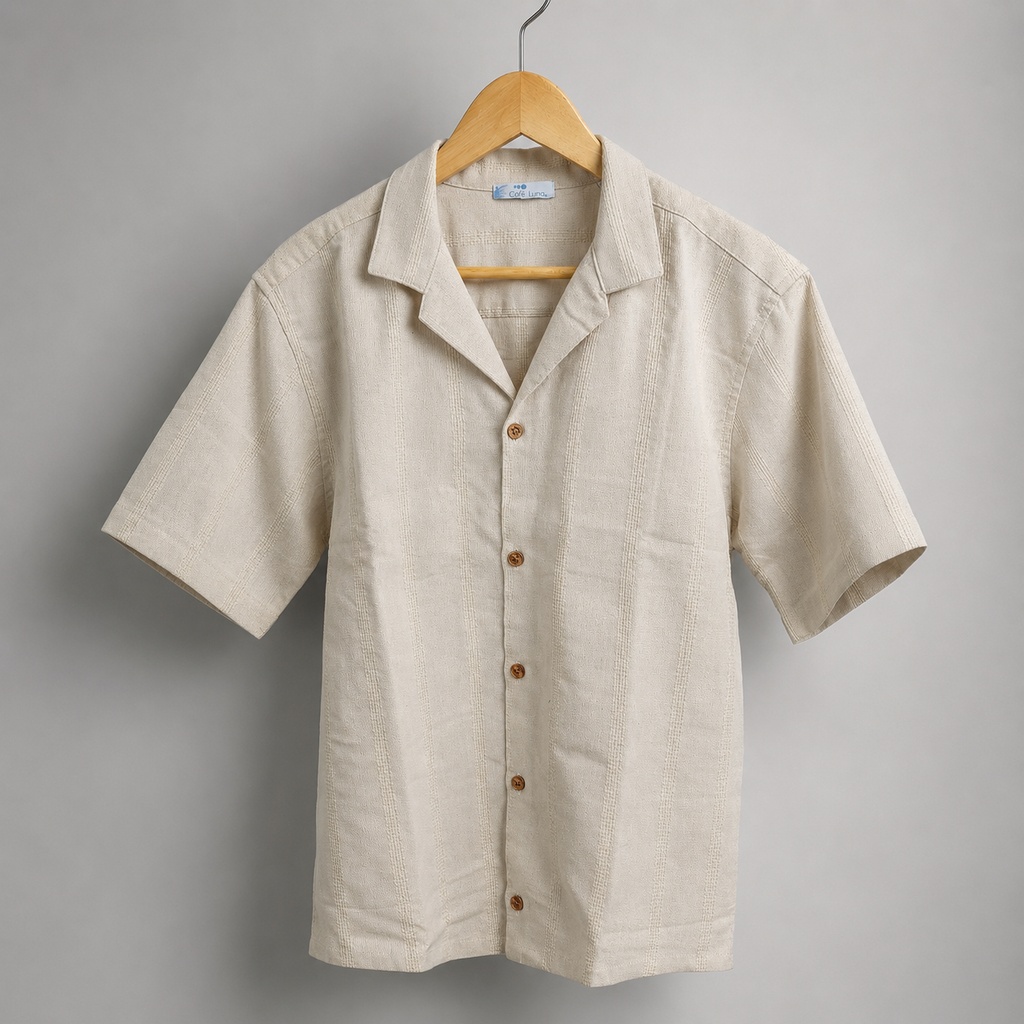 Men’s Cream Textured Stripe Short Sleeve Button-Up Shirt