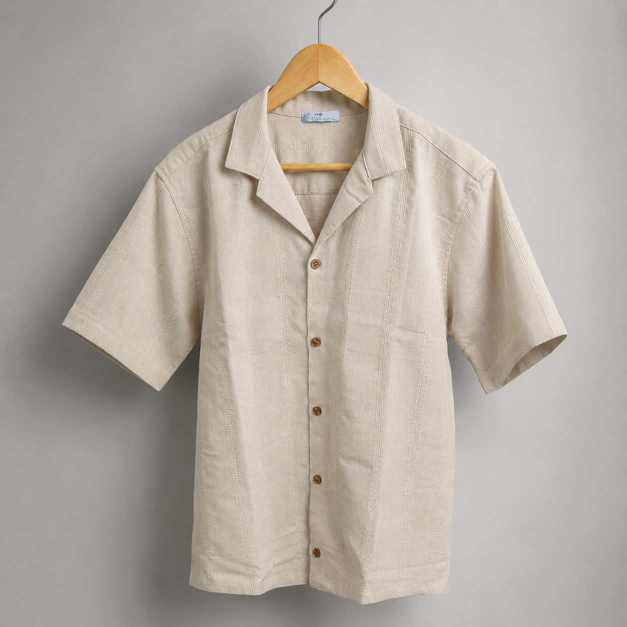 Men’s Cream Textured Stripe Short Sleeve Button-Up Shirt
