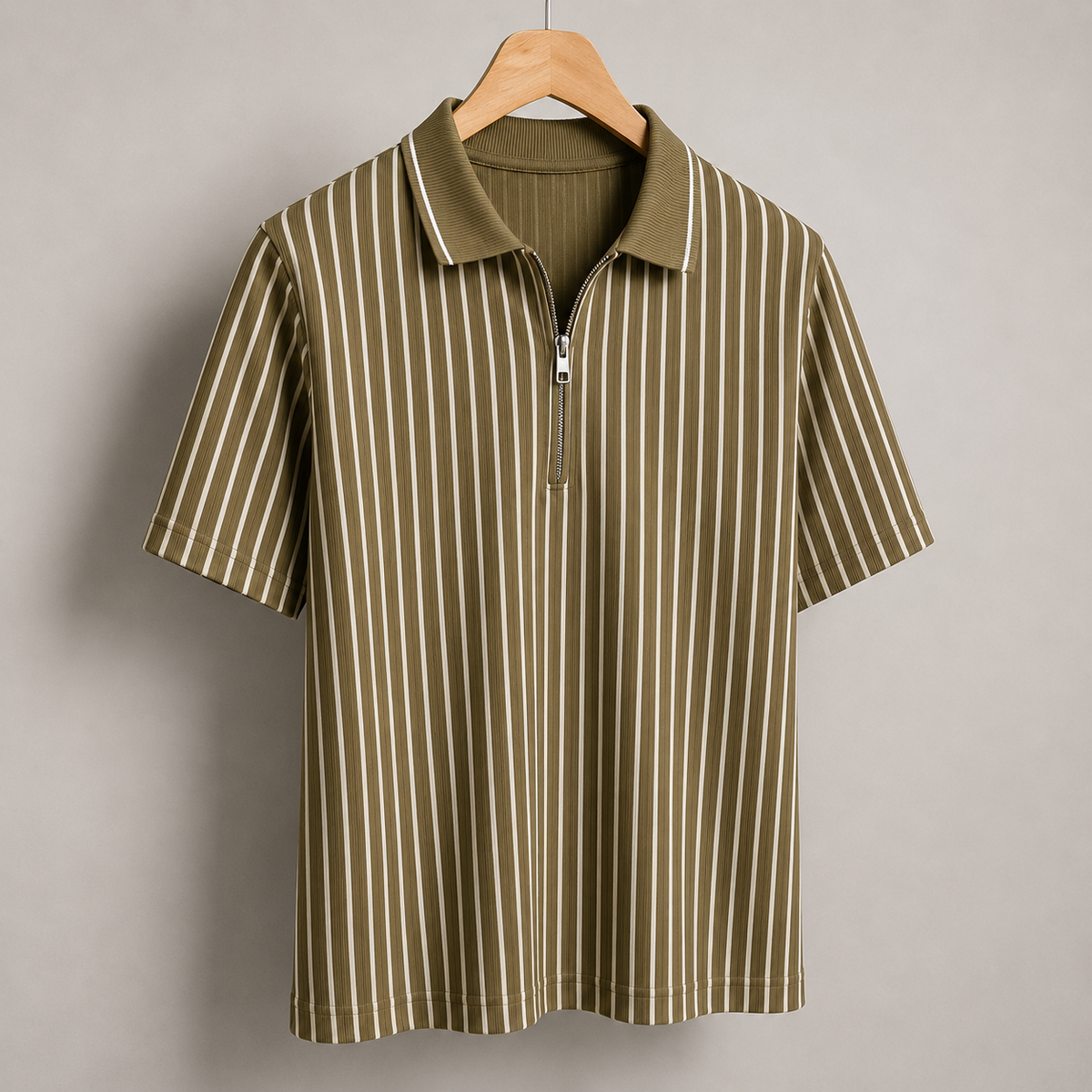 Men’s Vertical Stripe Zip Polo T-Shirt – Olive Brown