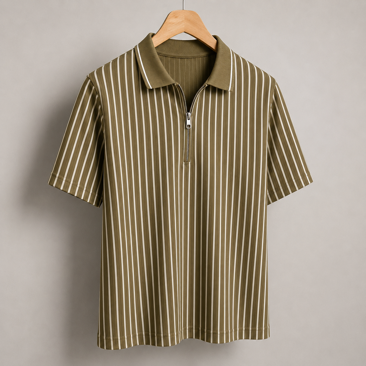 Men’s Vertical Stripe Zip Polo T-Shirt – Olive Brown