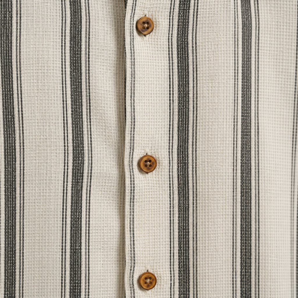Men’s Cream and Black Striped Short Sleeve Button-Up Shirt