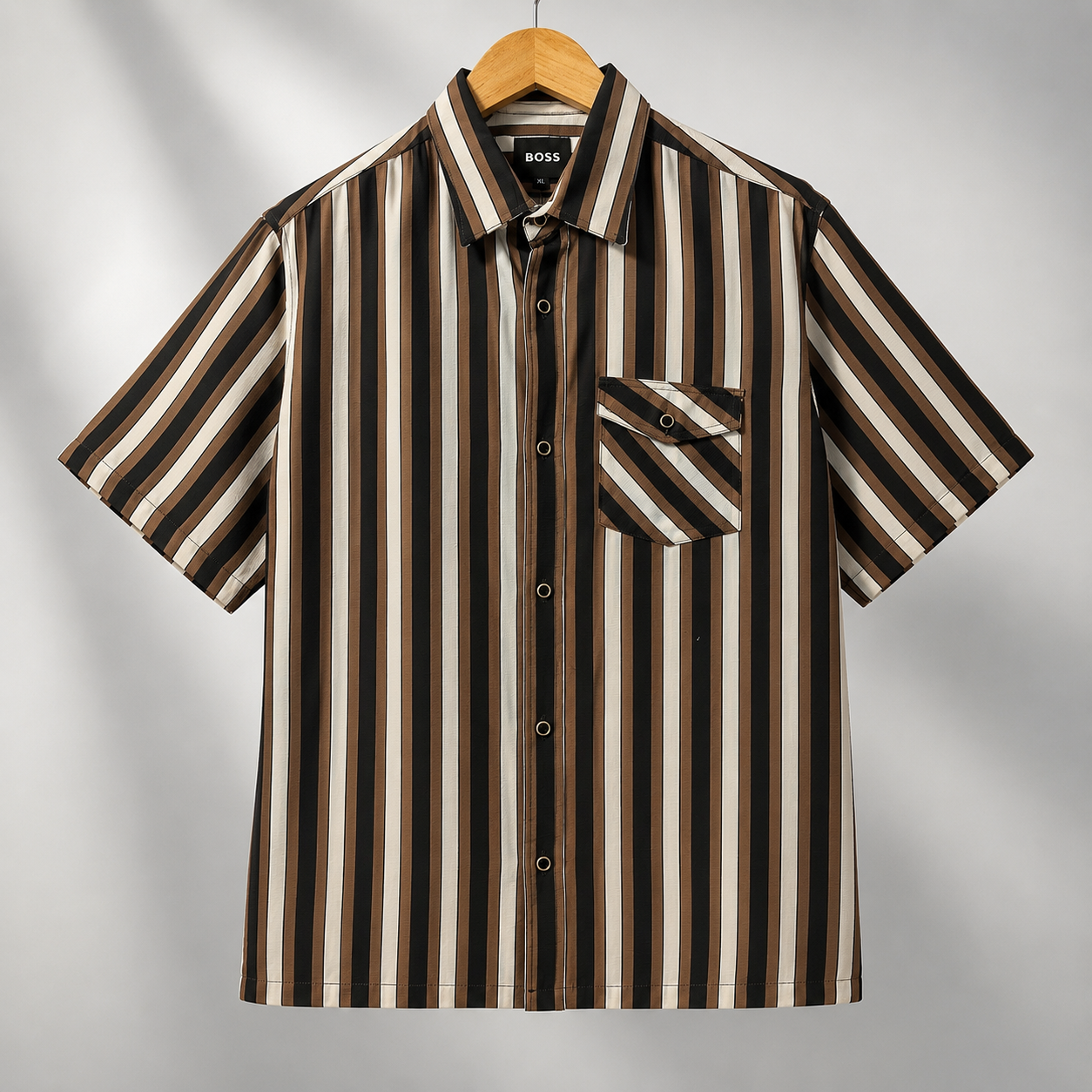 Men’s Brown & Black Striped Short Sleeve-Saddle Brown