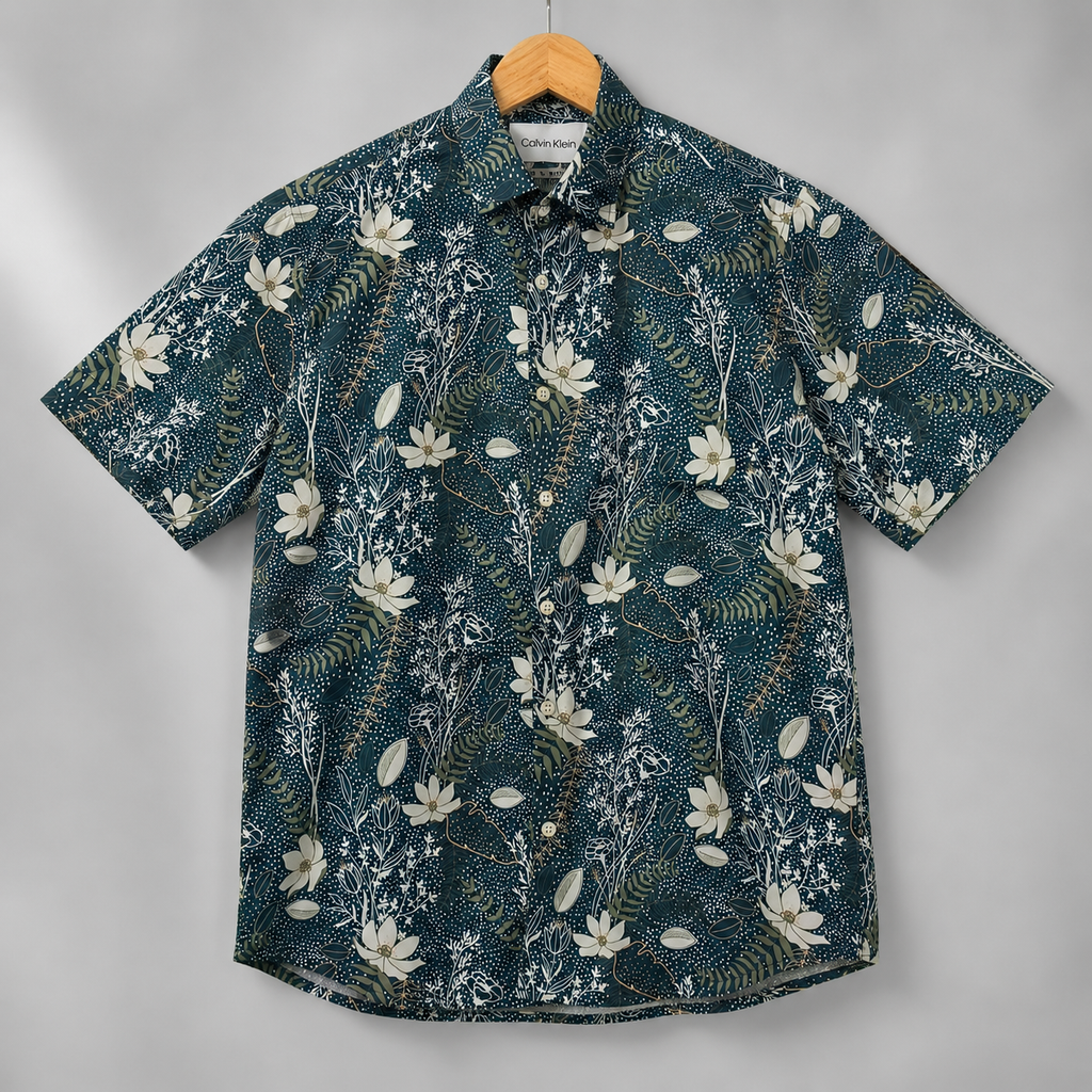 Men's Dark Teal Botanical Slim Fit Shirt-Midnight Lagoon