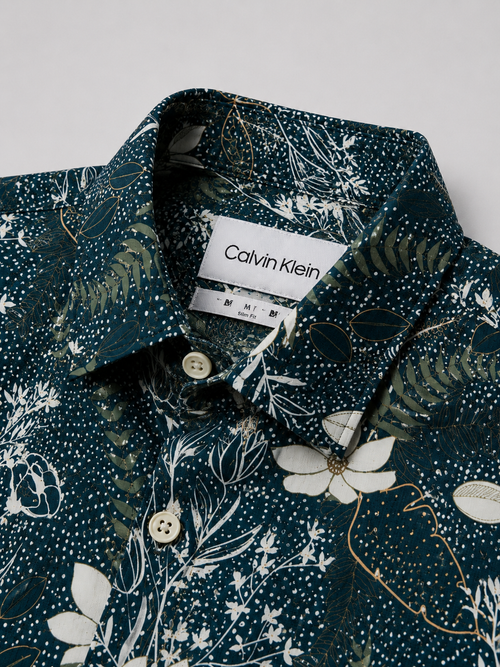 Men's Dark Teal Botanical Slim Fit Shirt-Midnight Lagoon