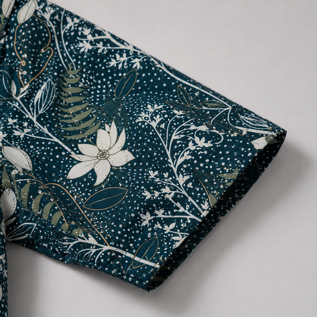 Men's Dark Teal Botanical Slim Fit Shirt-Midnight Lagoon