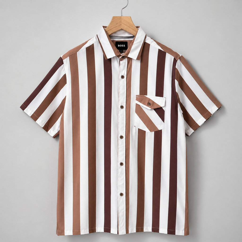 Men’s White & Brown Vertical Stripe Short Sleeve-Cognac Caramel