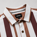 Men’s White & Brown Vertical Stripe Short Sleeve-Cognac Caramel