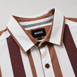 Men’s White & Brown Vertical Stripe Short Sleeve-Cognac Caramel