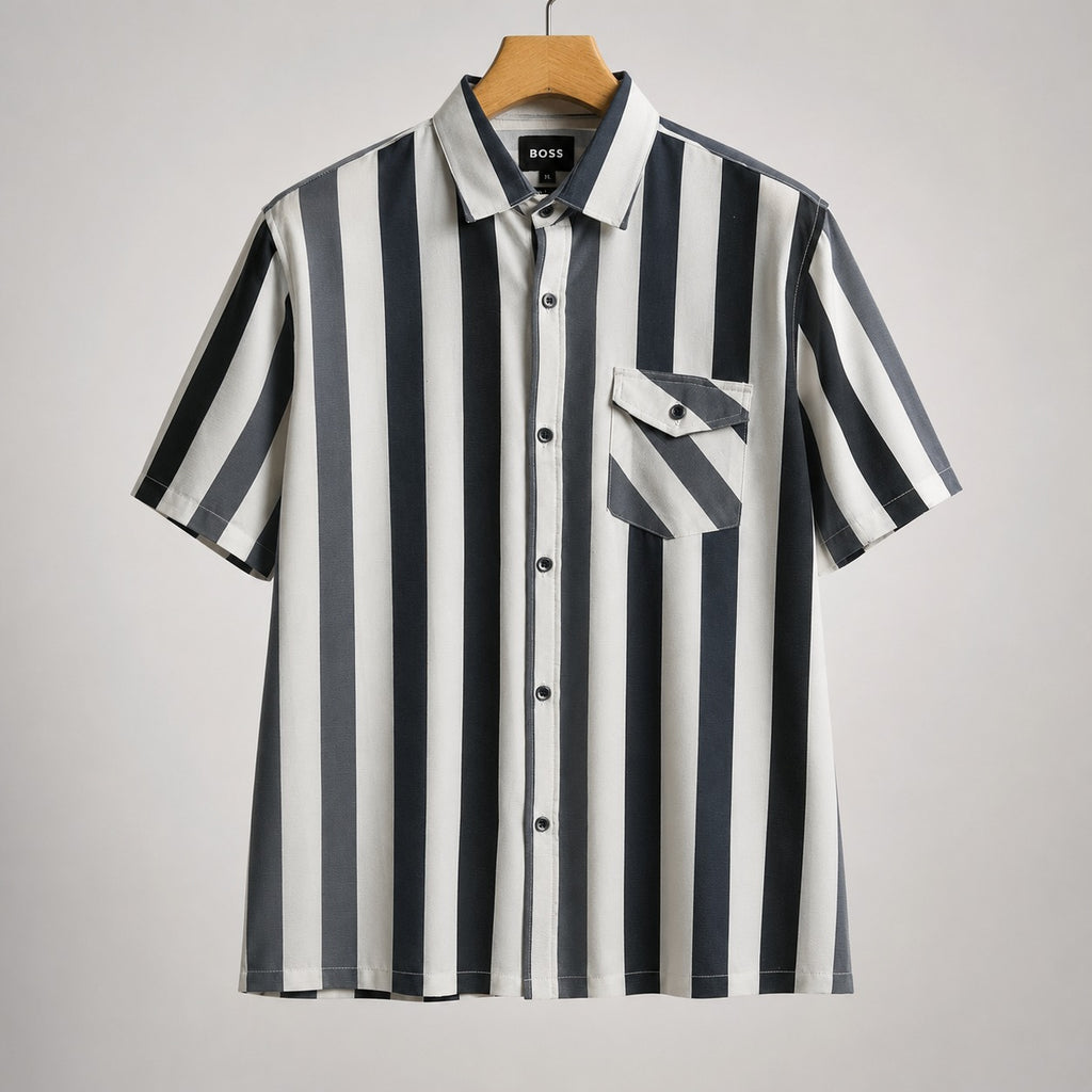 Men's White & Silver Striped Short Sleeve-Monochromic Forest
