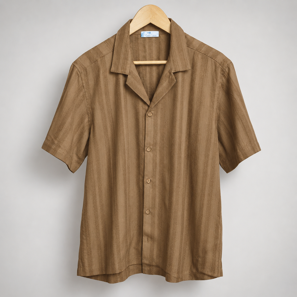 Men’s Tan Textured Stripe Short Sleeve Button-Up Shirt
