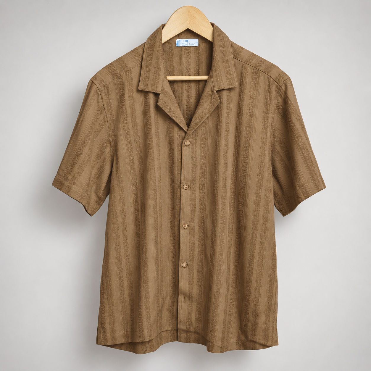 Men’s Tan Textured Stripe Short Sleeve Button-Up Shirt