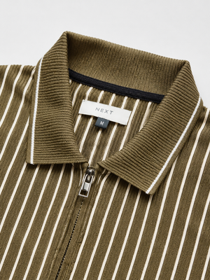 Men’s Vertical Stripe Zip Polo T-Shirt – Olive Brown