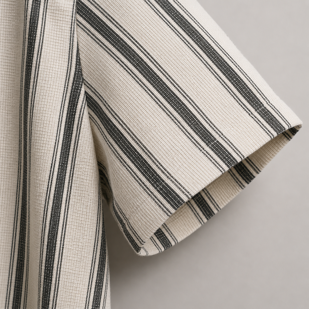 Men’s Cream and Black Striped Short Sleeve Button-Up Shirt