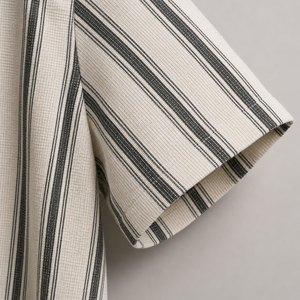 Men’s Cream and Black Striped Short Sleeve Button-Up Shirt