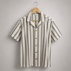Men’s Cream and Black Striped Short Sleeve Button-Up Shirt