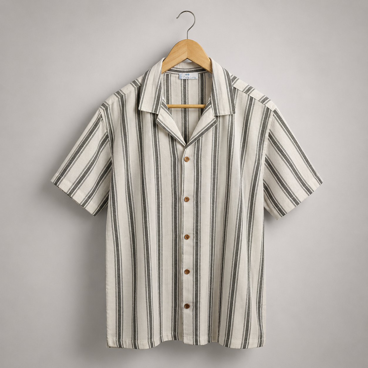 Men’s Cream and Black Striped Short Sleeve Button-Up Shirt
